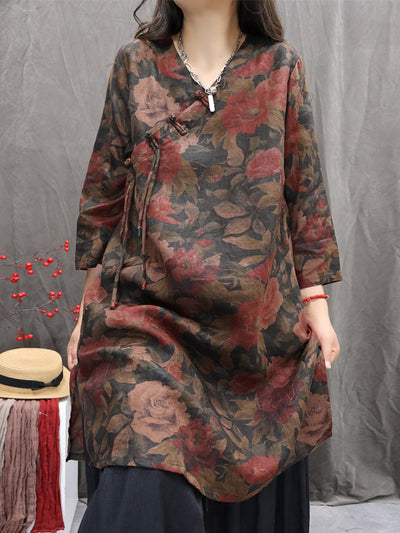 Women Autumn Retro Flower 100%Linen V-Neck Shirt