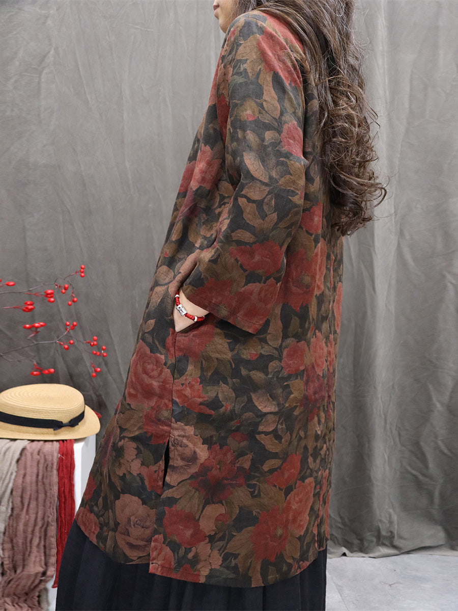 Women Autumn Retro Flower 100%Linen V-Neck Shirt