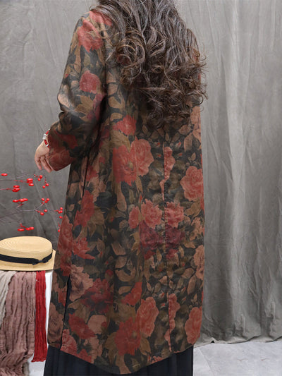 Women Autumn Retro Flower 100%Linen V-Neck Shirt