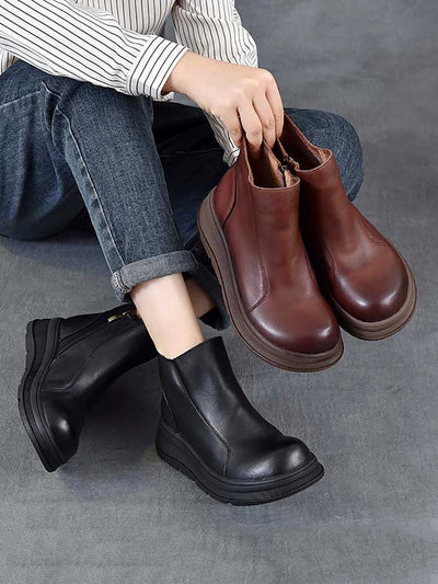 Women Winter Pure Color Leather Platform Chelsea Boots