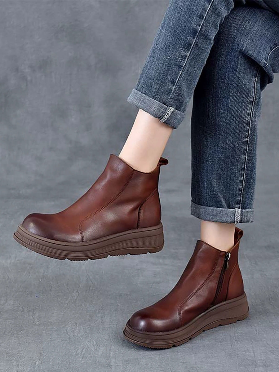 Women Winter Pure Color Leather Platform Chelsea Boots