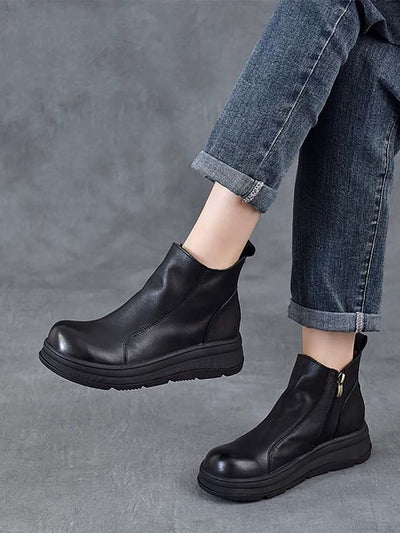 Women Winter Pure Color Leather Platform Chelsea Boots