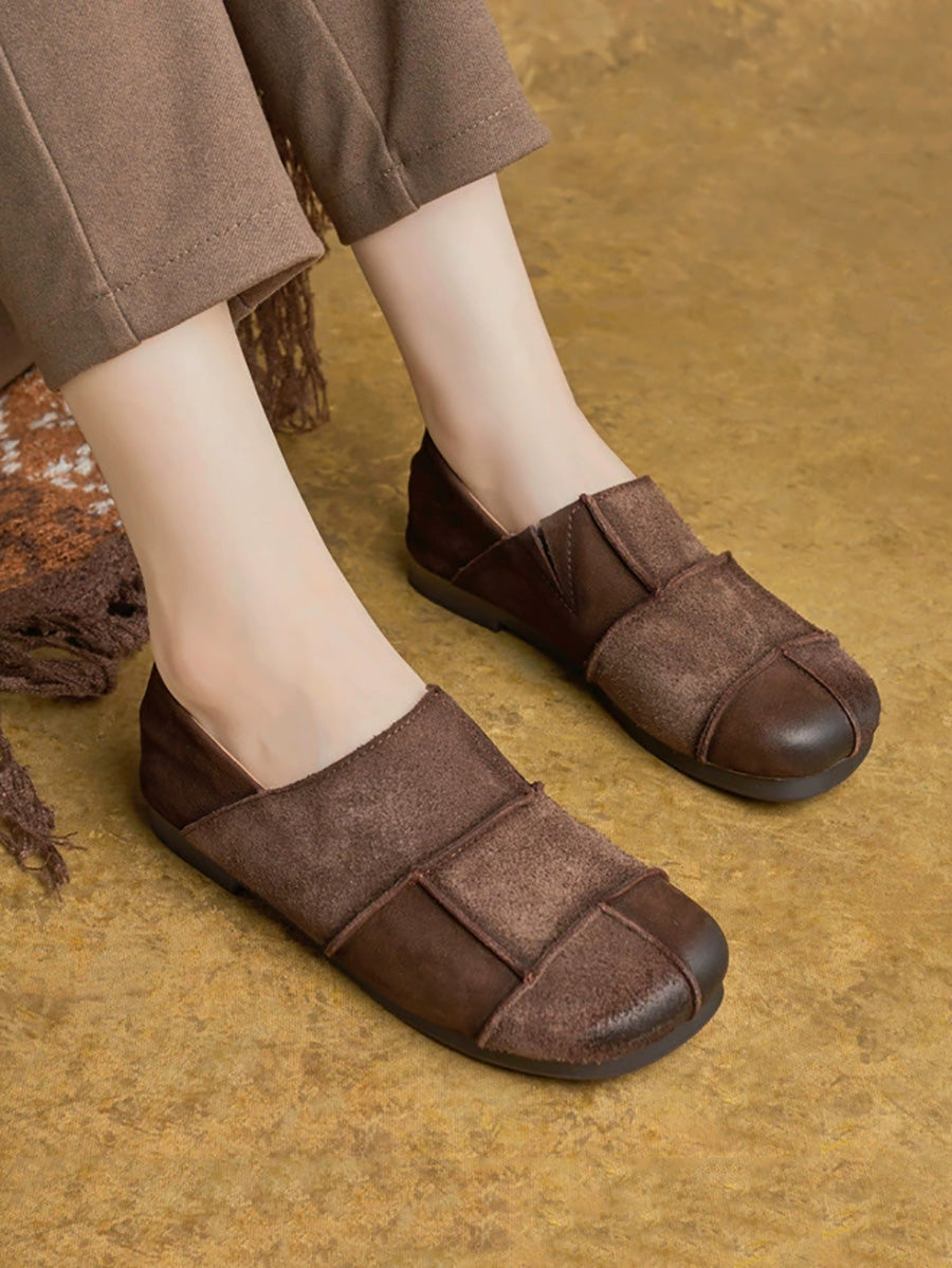 Women Autumn Vintage Leather Spliced Flat Shoes