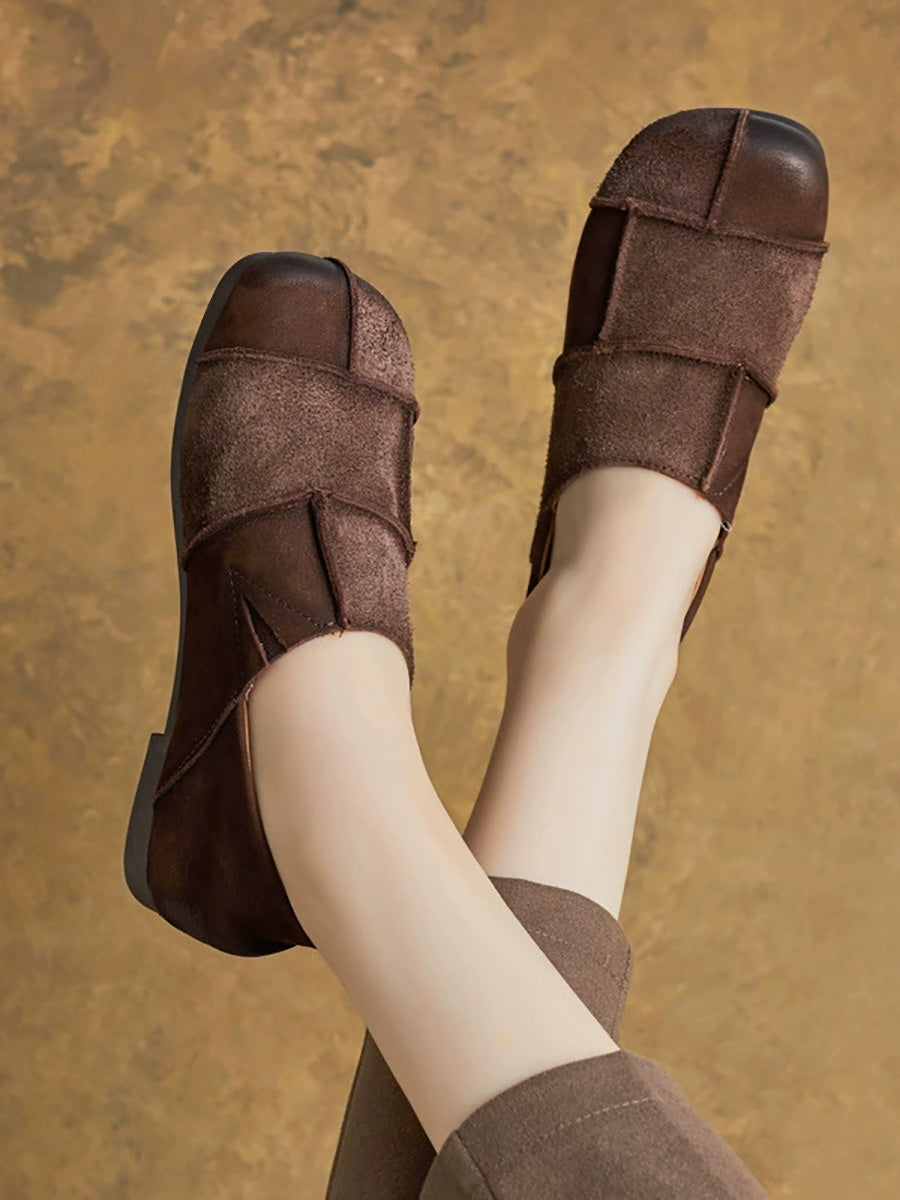 Women Autumn Vintage Leather Spliced Flat Shoes