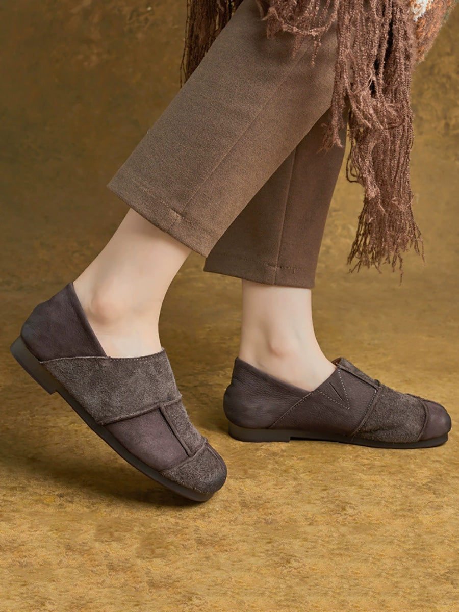 Women Autumn Vintage Leather Spliced Flat Shoes