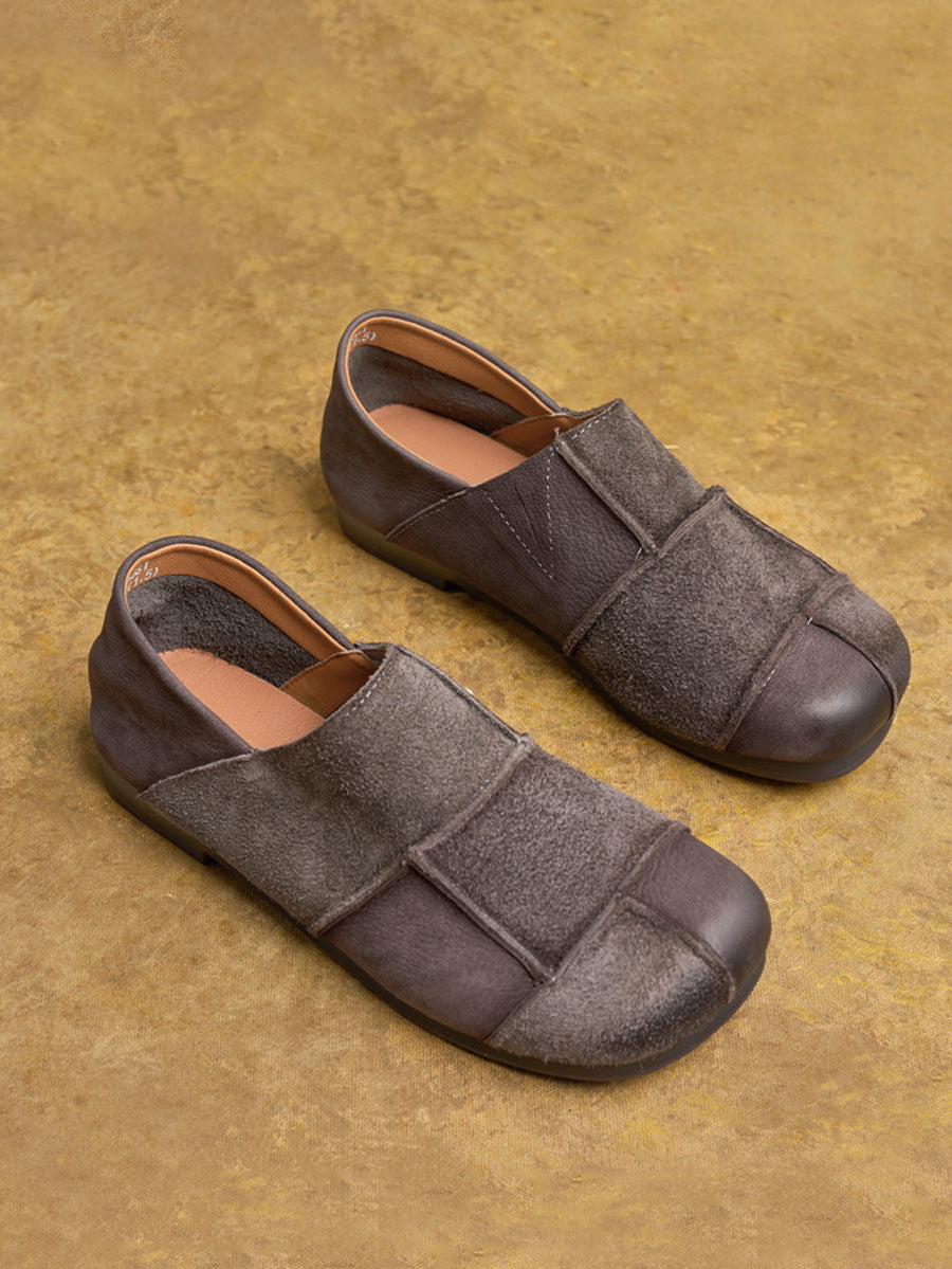 Women Autumn Vintage Leather Spliced Flat Shoes