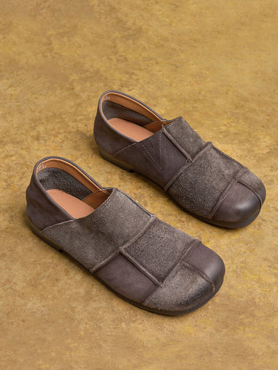Women Autumn Vintage Leather Spliced Flat Shoes