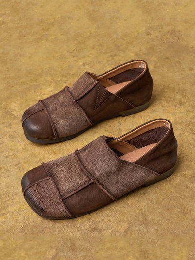 Women Autumn Vintage Leather Spliced Flat Shoes
