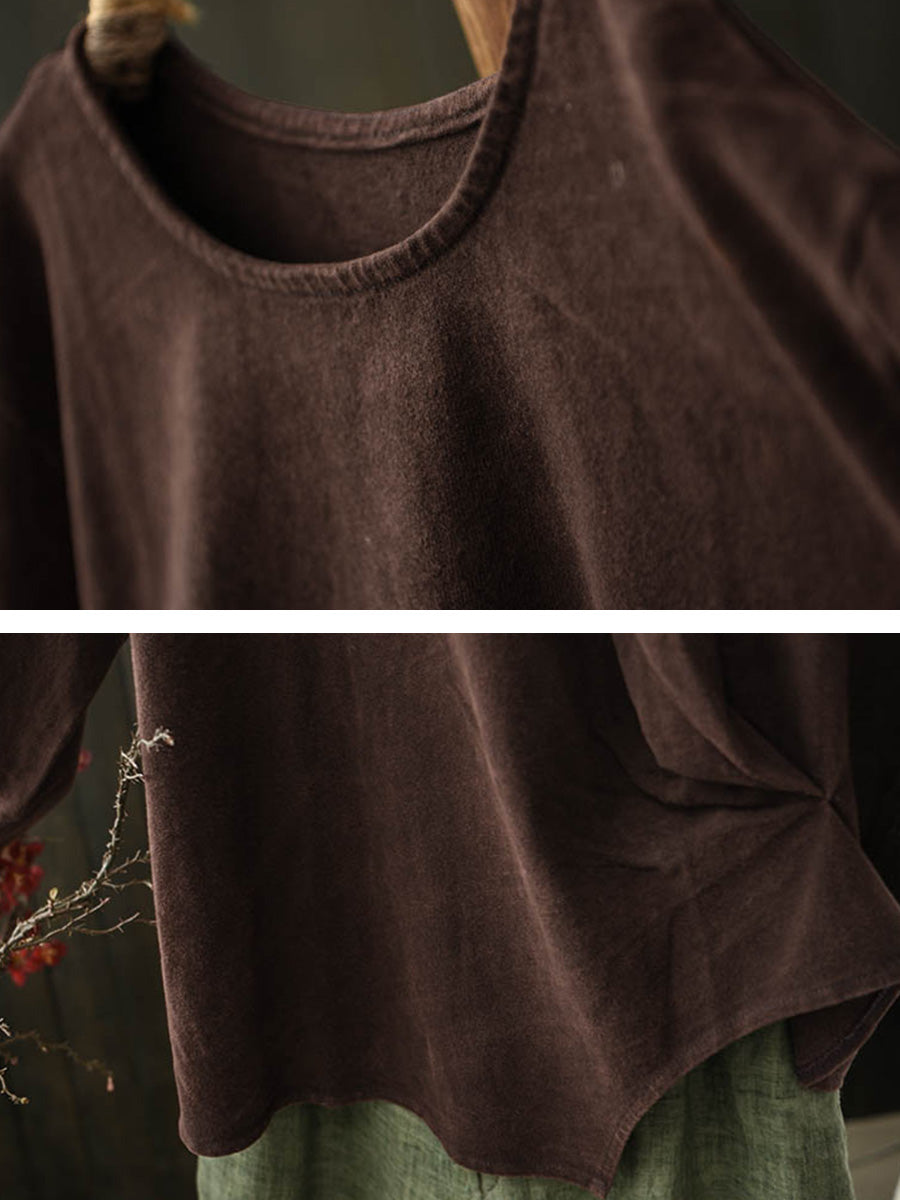 Women Autumn Retro Pure Color Cotton Blouse