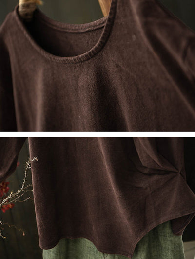 Women Autumn Retro Pure Color Cotton Blouse