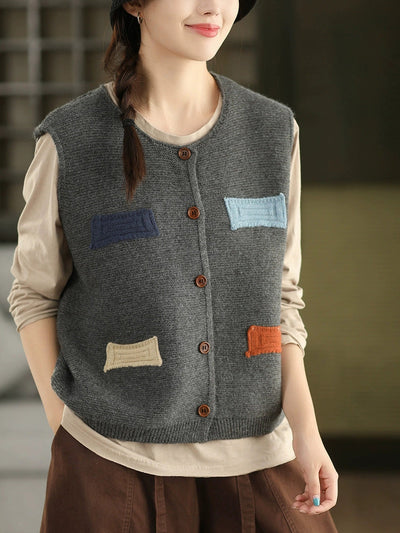 Women Autumn Artsy Patch O-Neck Knitted 100%Cotton Vest