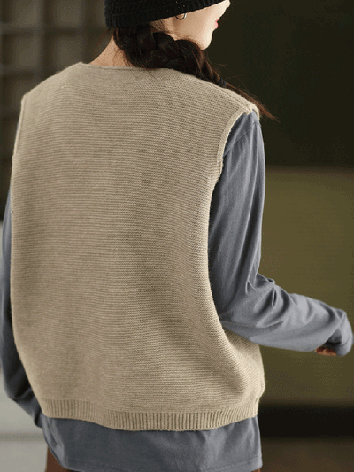 Women Autumn Artsy Patch O-Neck Knitted 100%Cotton Vest