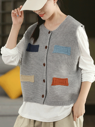 Women Autumn Artsy Patch O-Neck Knitted 100%Cotton Vest