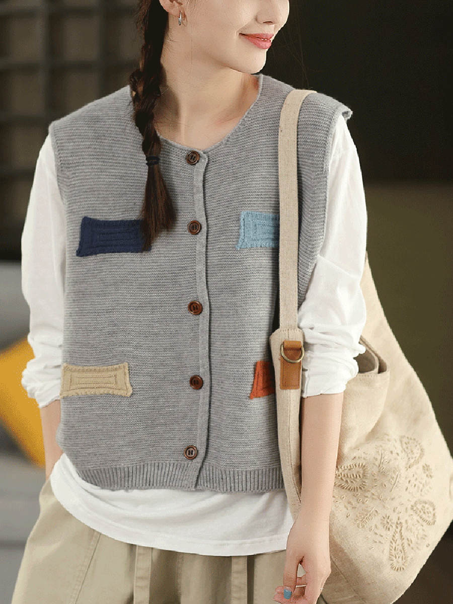 Women Autumn Artsy Patch O-Neck Knitted 100%Cotton Vest