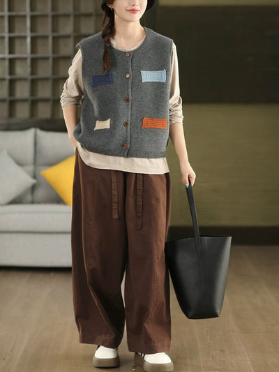 Women Autumn Artsy Patch O-Neck Knitted 100%Cotton Vest