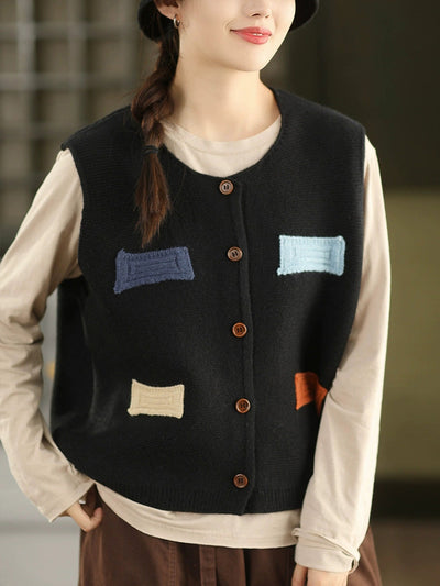 Women Autumn Artsy Patch O-Neck Knitted 100%Cotton Vest