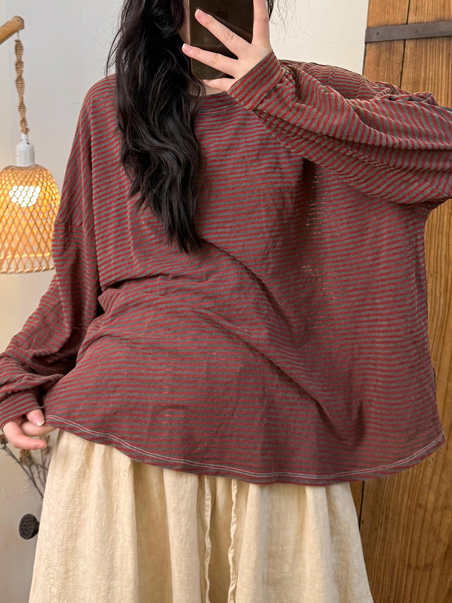 Women Autumn Retro Stripe O-Neck Loose Shirt