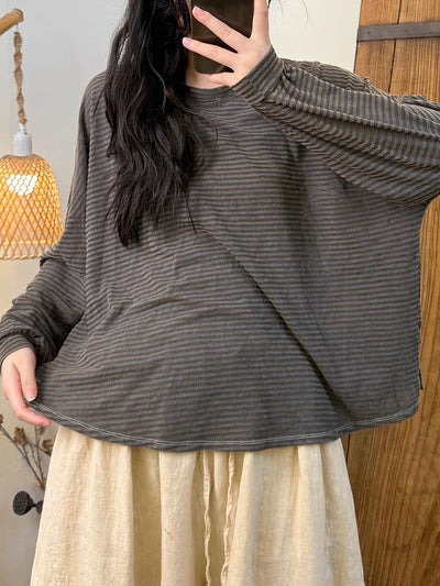 Women Autumn Retro Stripe O-Neck Loose Shirt