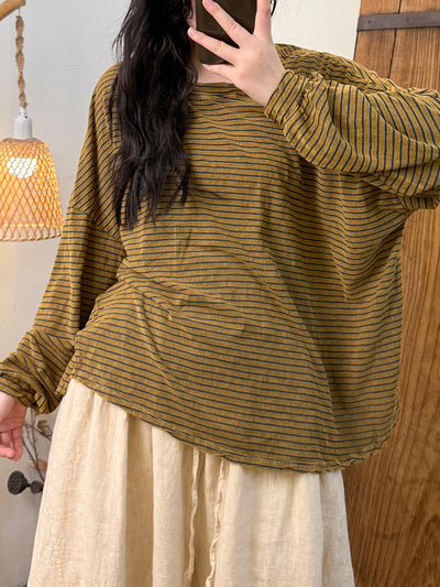 Women Autumn Retro Stripe O-Neck Loose Shirt