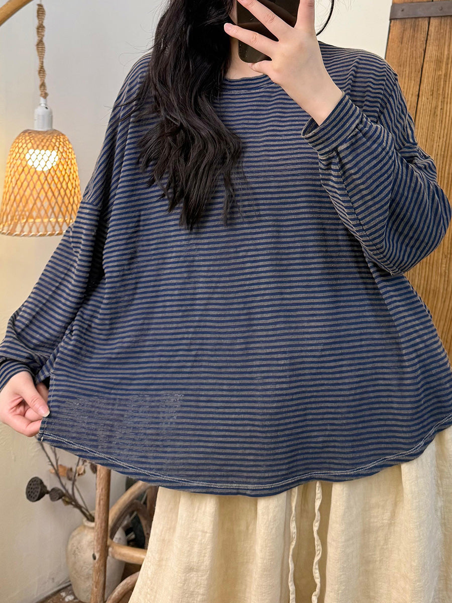 Women Autumn Retro Stripe O-Neck Loose Shirt