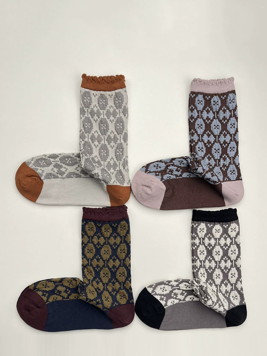 5 Pairs Women Vintage Colorblock Cotton Socks