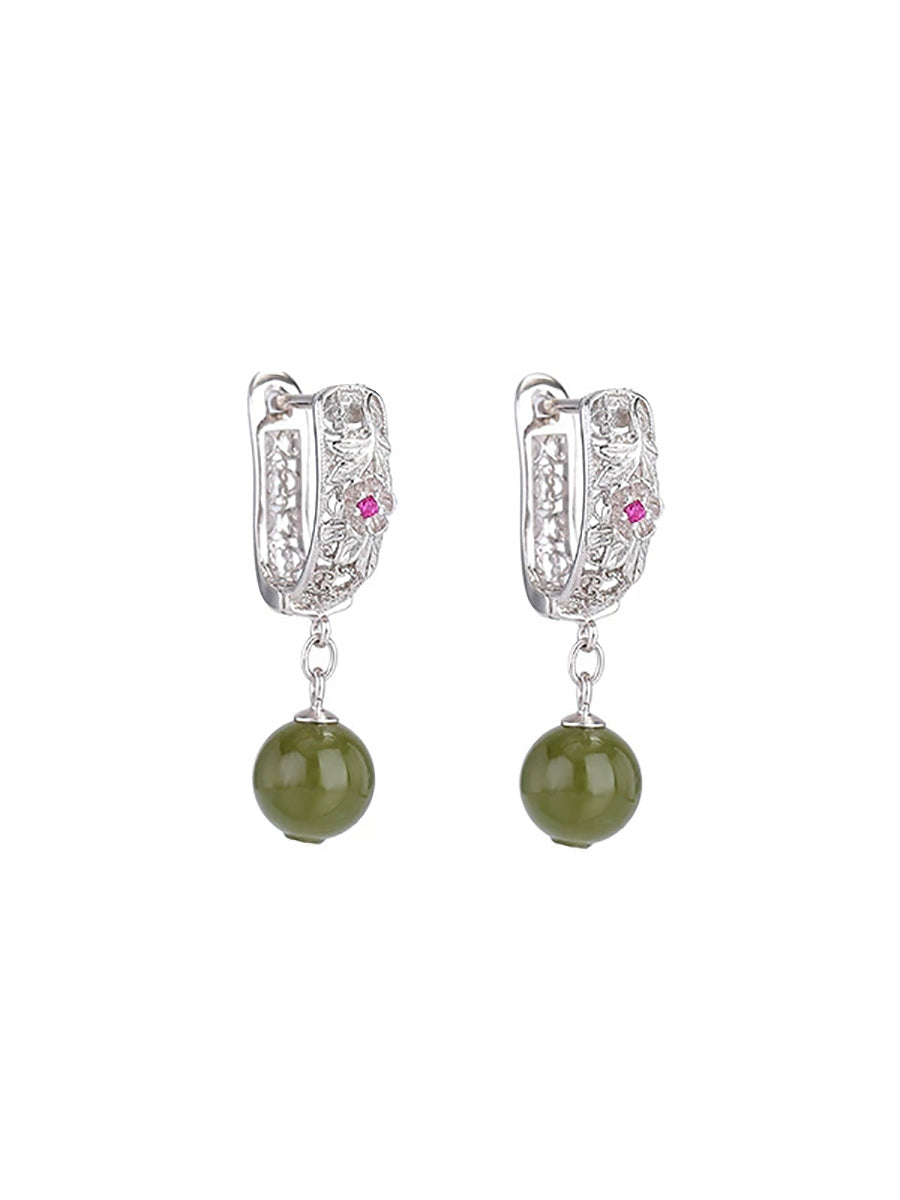 S925Silver Flower Jade Bead Earrings