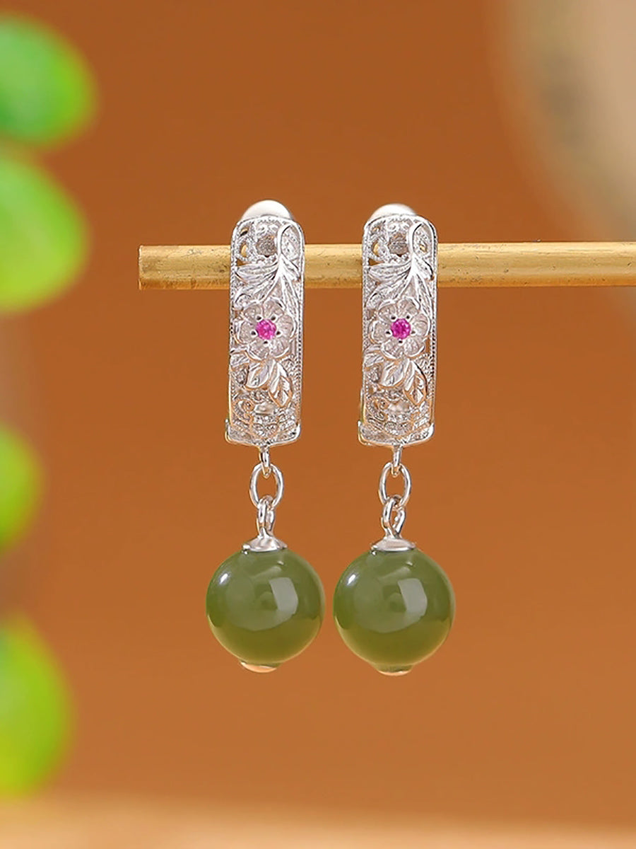S925Silver Flower Jade Bead Earrings