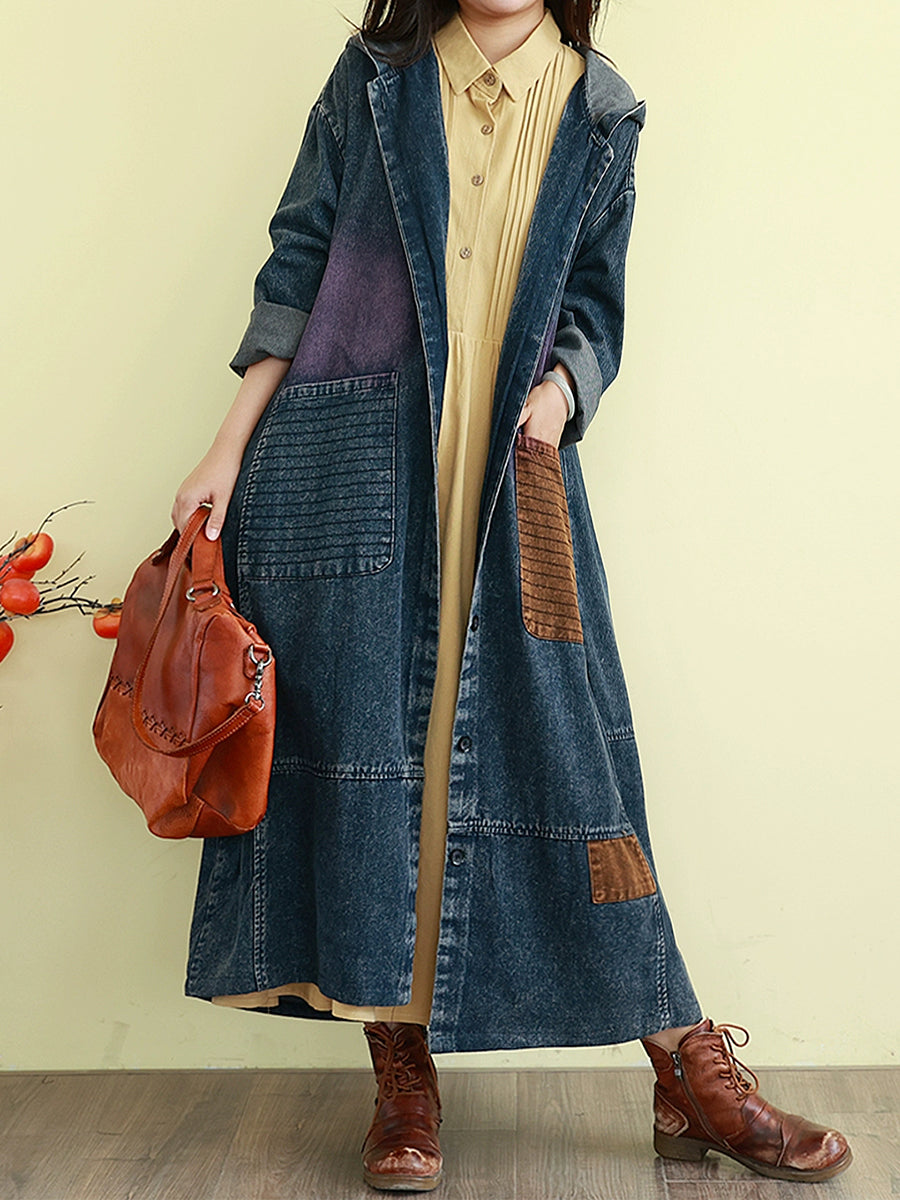 Women Autumn Denim Colorblock Hooded Long Coat