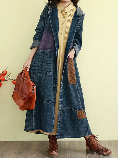 Women Autumn Denim Colorblock Hooded Long Coat