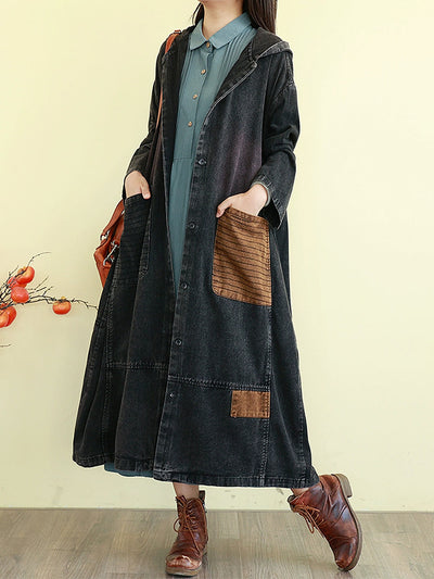 Women Autumn Denim Colorblock Hooded Long Coat