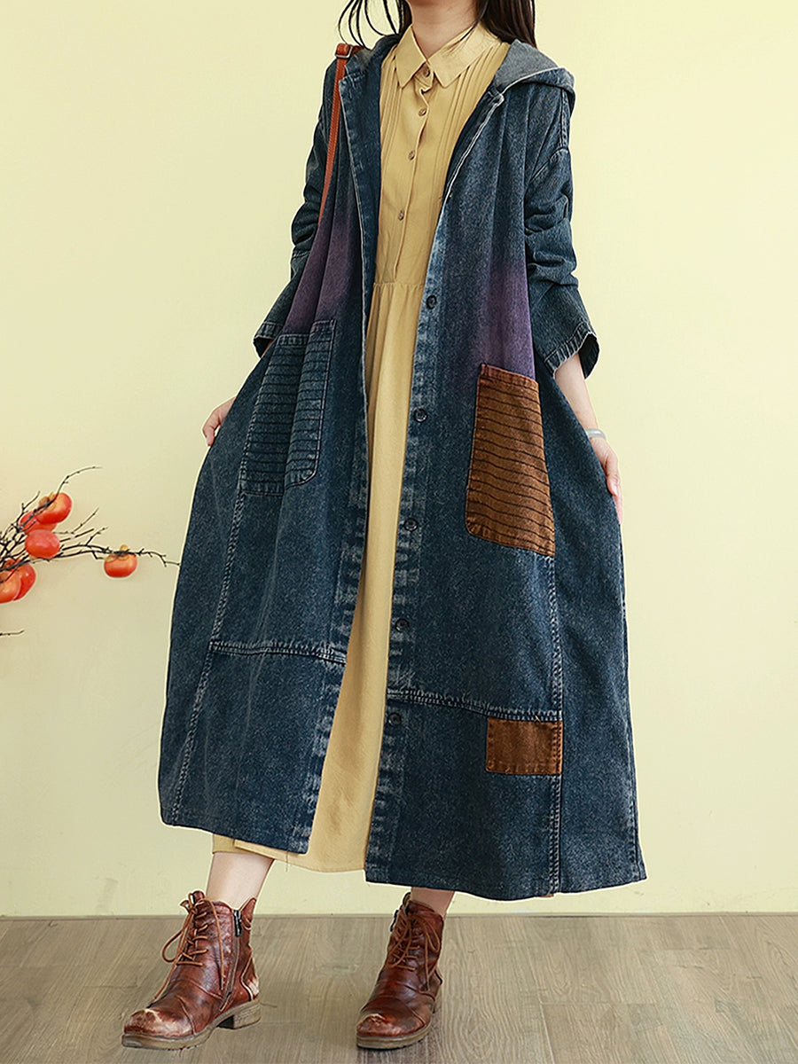 Women Autumn Denim Colorblock Hooded Long Coat
