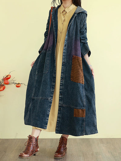 Women Autumn Denim Colorblock Hooded Long Coat