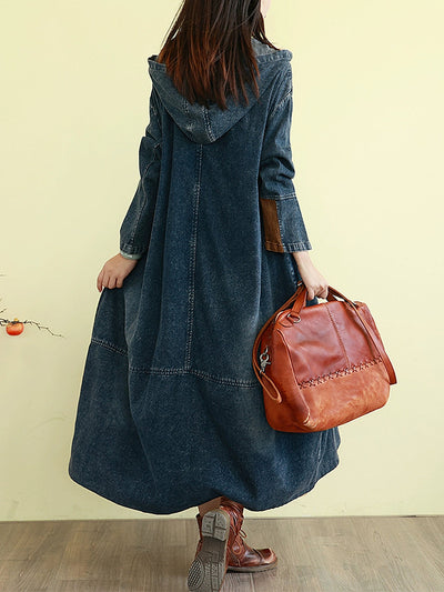 Women Autumn Denim Colorblock Hooded Long Coat