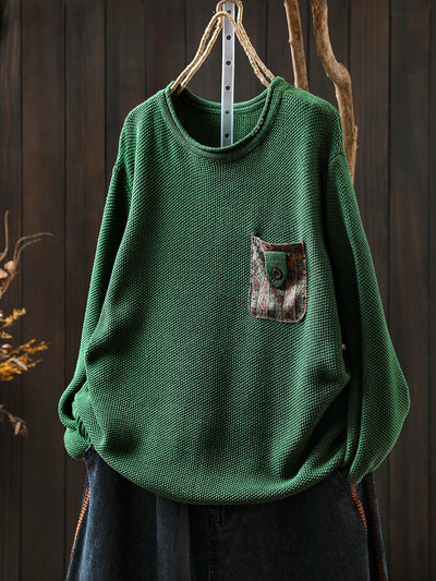 Women Autumn Artsy Patch Pocket Knitted O-Neck Sweater