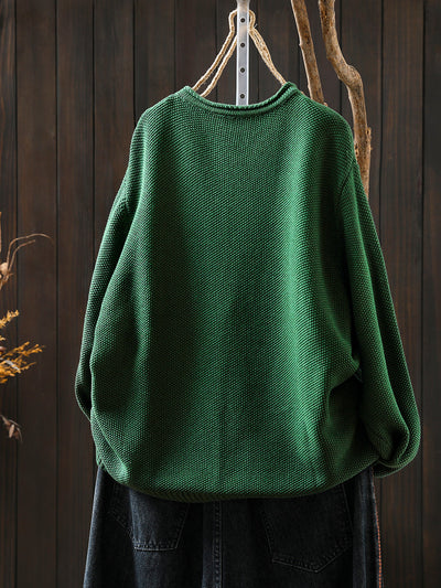 Women Autumn Artsy Patch Pocket Knitted O-Neck Sweater