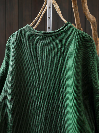 Women Autumn Artsy Patch Pocket Knitted O-Neck Sweater