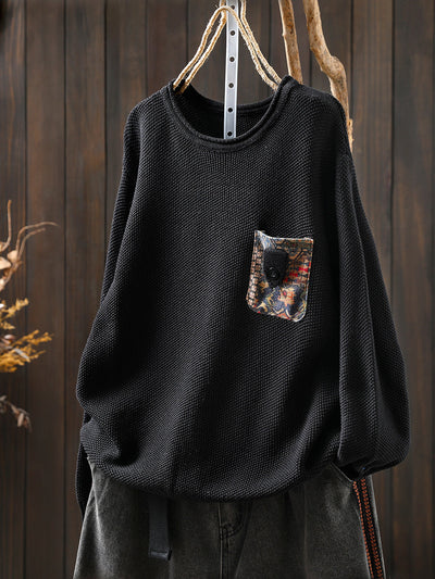 Women Autumn Artsy Patch Pocket Knitted O-Neck Sweater