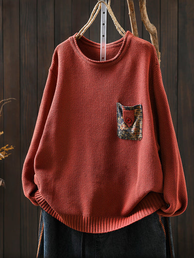 Women Autumn Artsy Patch Pocket Knitted O-Neck Sweater