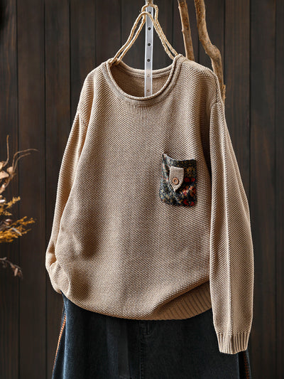 Women Autumn Artsy Patch Pocket Knitted O-Neck Sweater