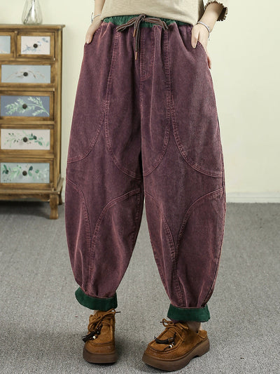 Women Autumn Retro Pure Color Croduroy Harem Pants