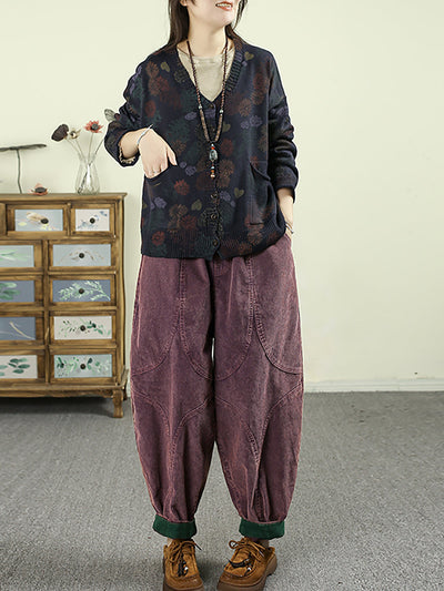 Women Autumn Retro Pure Color Croduroy Harem Pants