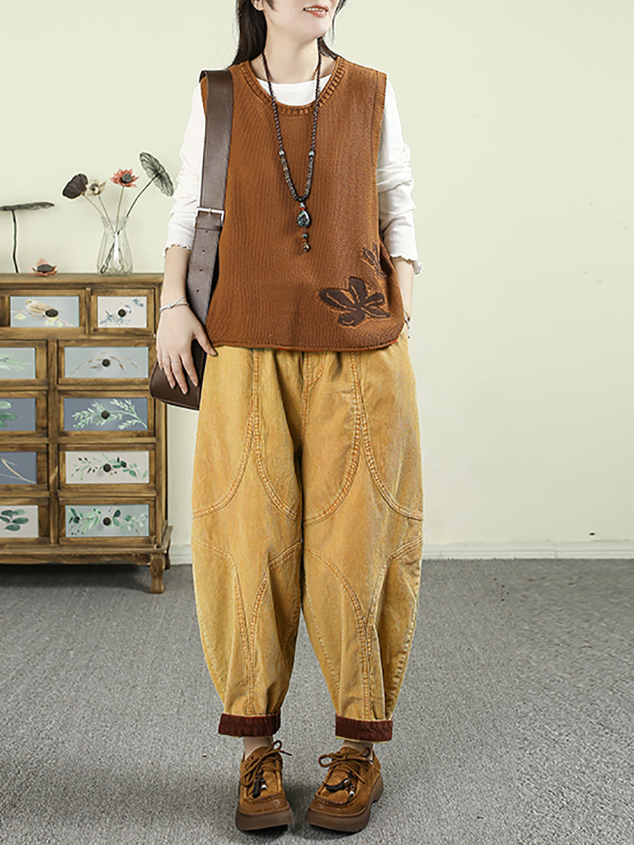 Women Autumn Retro Pure Color Croduroy Harem Pants