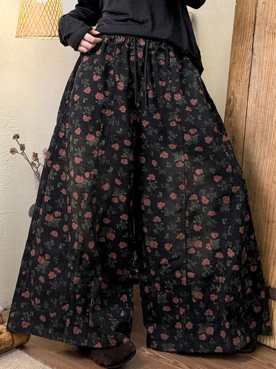Women Autumn Retro Flower Denim Wide-leg Pants
