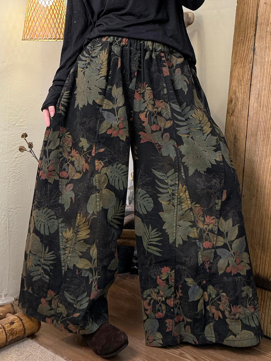 Women Autumn Retro Flower Denim Wide-leg Pants