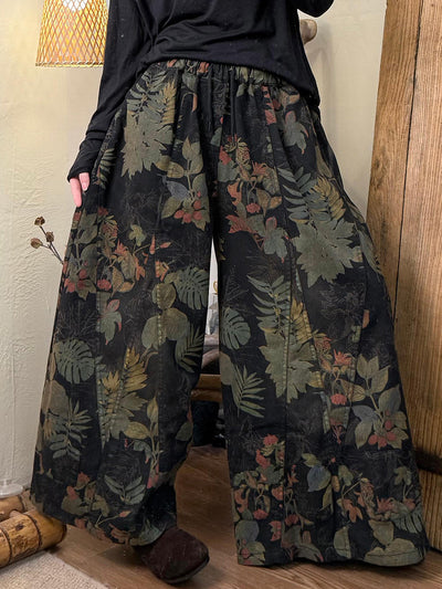 Women Autumn Retro Flower Denim Wide-leg Pants