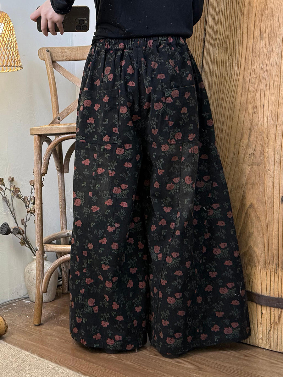 Women Autumn Retro Flower Denim Wide-leg Pants