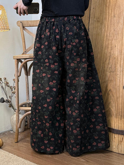 Women Autumn Retro Flower Denim Wide-leg Pants