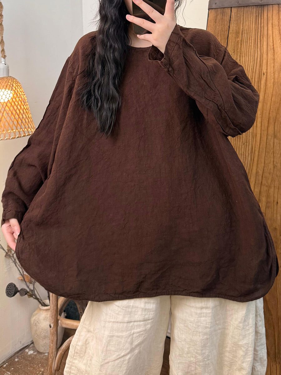 Women Autumn Retro Pure Color O-Neck Linen Shirt