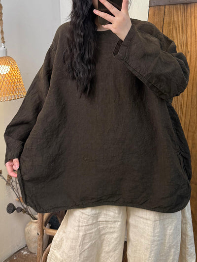 Women Autumn Retro Pure Color O-Neck Linen Shirt