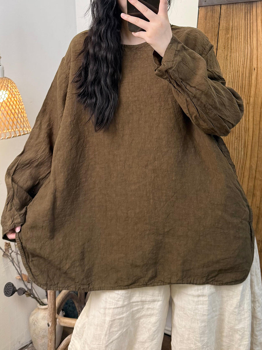 Women Autumn Retro Pure Color O-Neck Linen Shirt